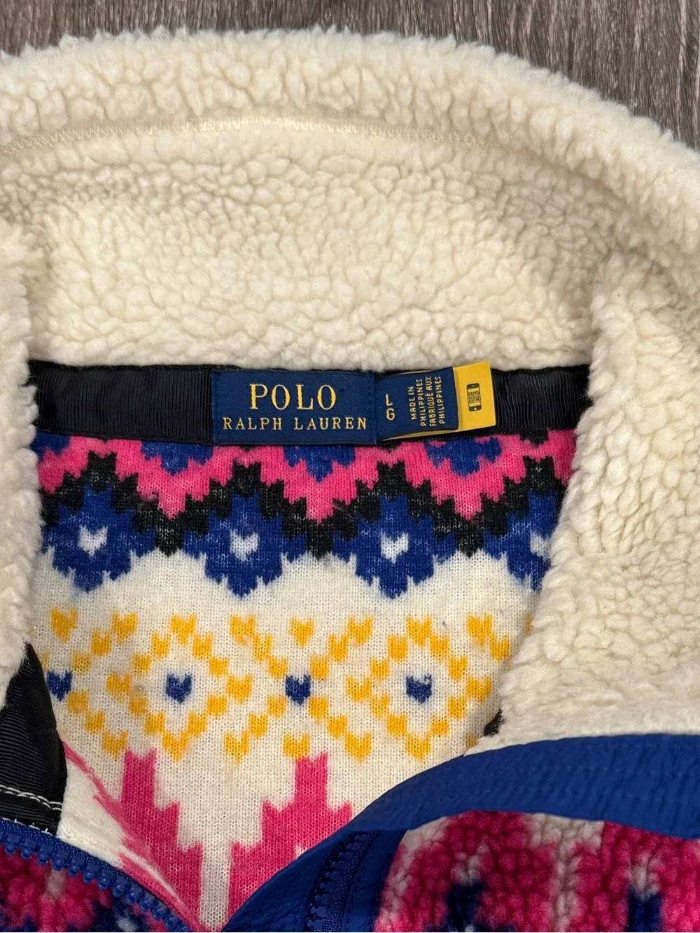 Polo Ralph Lauren Cream Sherpa Zip Jacket with Navy & Pink Fair Isle SIZE LARGE - Picture 4 of 5